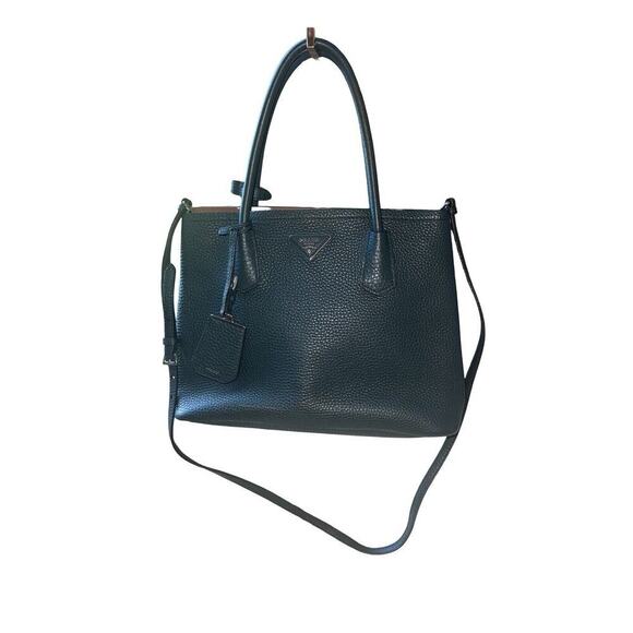 PRADA AUTHENTIC LEATHER VITELLO DAINO TOTE PURSE Dark Green DOUBLE HANDLE - Picture 3 of 16